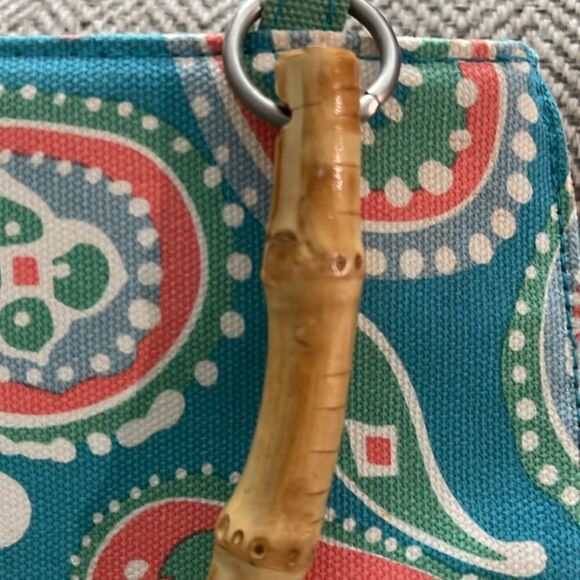 Sunny Hawaii Paisley Print Light Teal and Coral Handbag with Bamboo Handle VTG - Picture 9 of 9